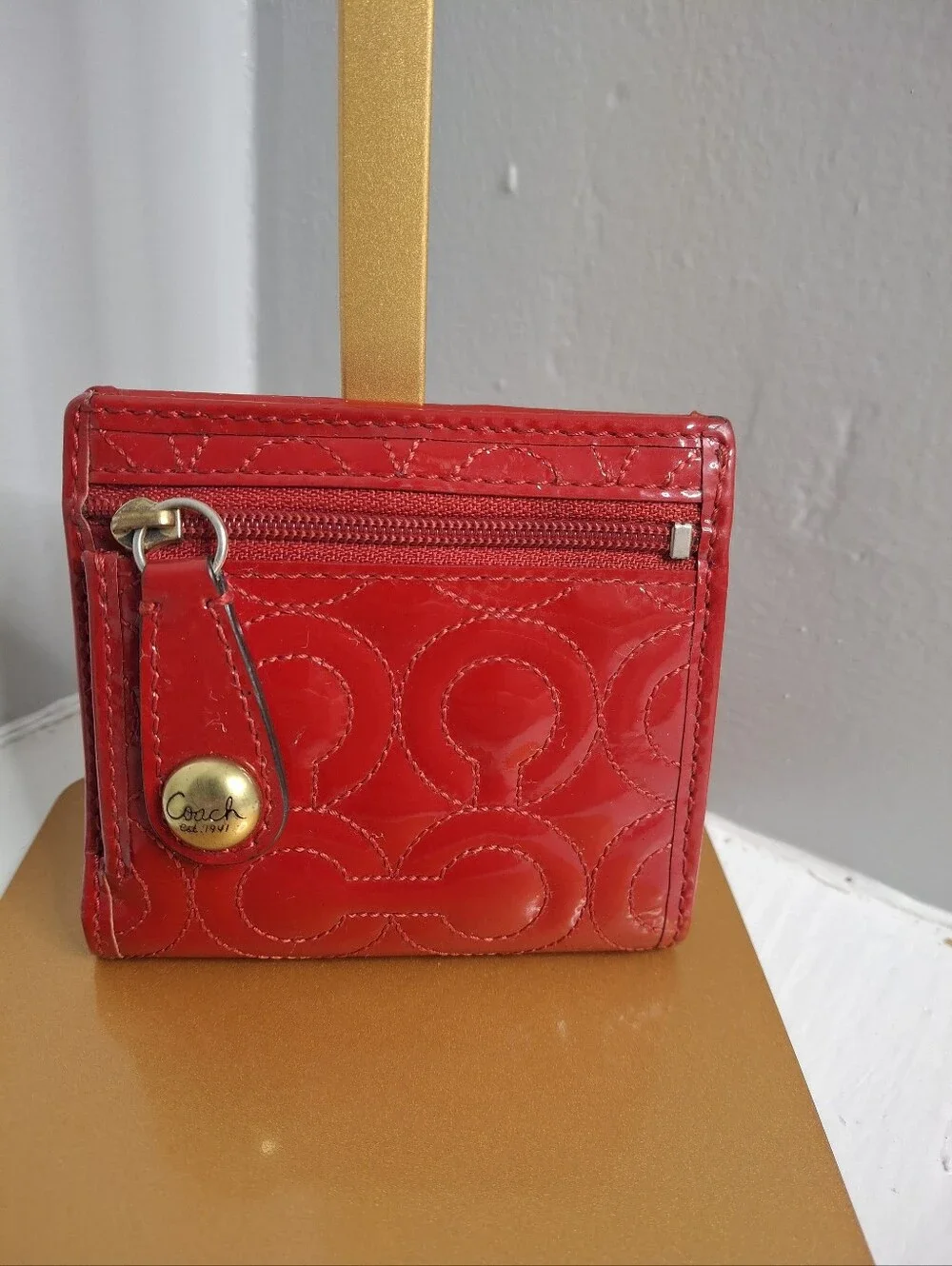 Coach Red Patent Leather Signature Compact Bifold Wallet Y2K Vintage